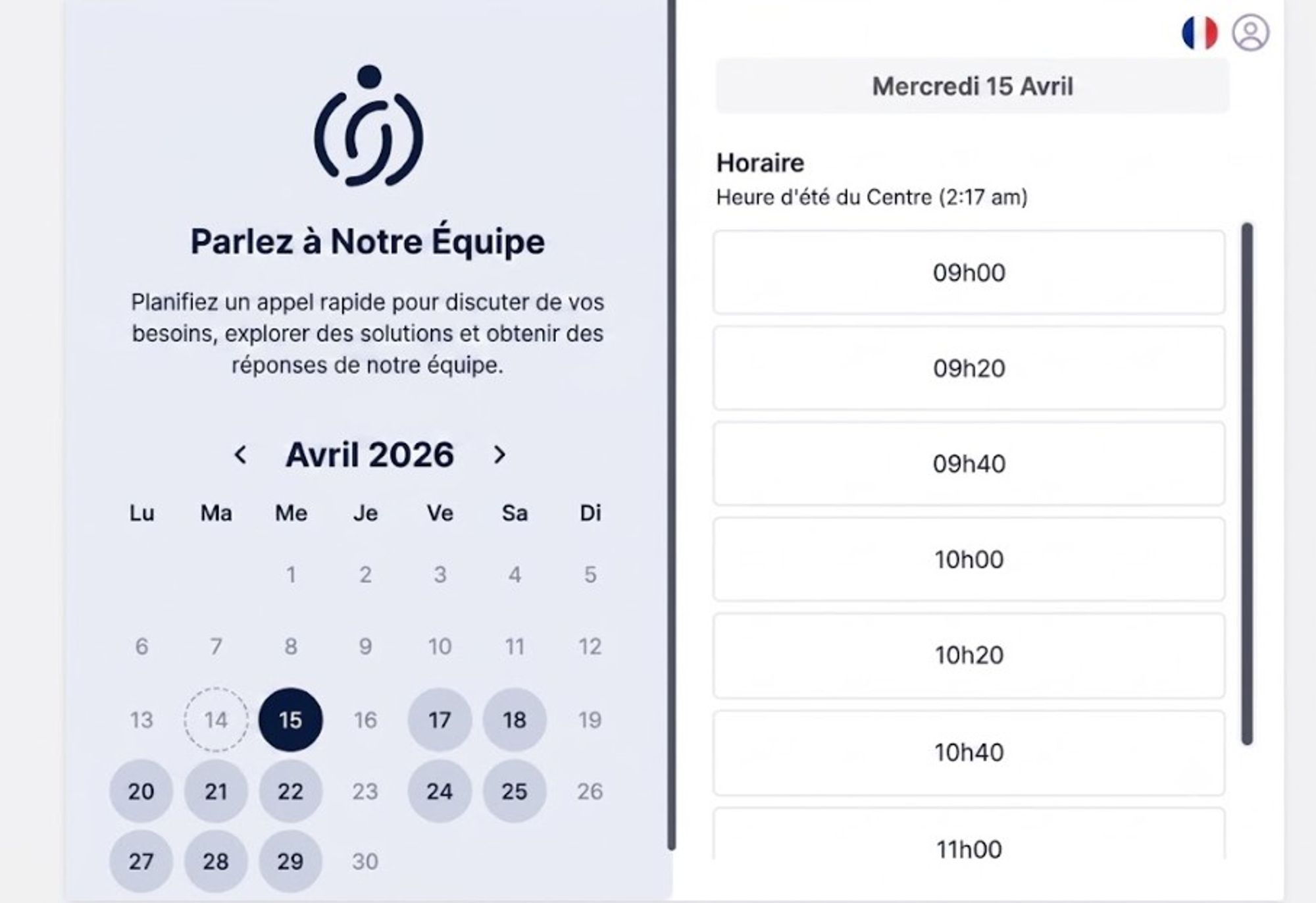 page de prise de rendez-vous créée avec le meilleur logiciel de calendrier d’équipe, Koalendar